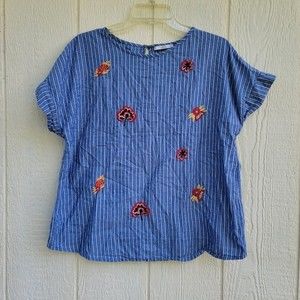 edc striped floral embroidered blouse top XL Boxy Lagenlook